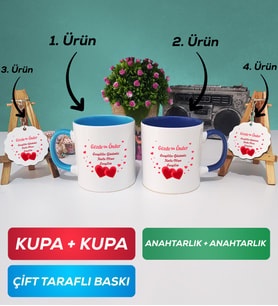 İkili Mavi Lacivert Sevgiliye Sevgililer Günü Hediyesi 6 Kupa Bardak Anahtarlık