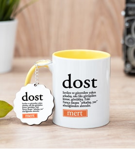 Dost Kelime Anlamı Sarı Kupa Bardak Ve Anahtarlık Set