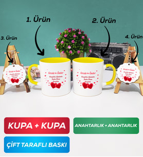 İkili Sarı Sevgiliye Sevgililer Günü Hediyesi 6 Kupa Bardak Anahtarlık
