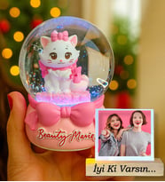 Kişiye Özel Fotoğraflı Pembe Kokoş Kedi Işıklı Kar Küresi Arkadaşa Hediye