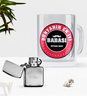 BK Gift Kişiye Özel Dünyanın En İyi Babası Cam Kupa Bardak Benzinli Metal Çakmak Seti-7 (Model 1)
