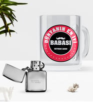 BK Gift Kişiye Özel Dünyanın En İyi Babası Cam Kupa Bardak Benzinli Metal Çakmak Seti-7 (Model 1)