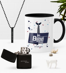 BK Gift Kişiye Özel İlk Babalar Günün Kutlu Olsun Siyah Kupa Çakmak Kolye Seti-1 (Model 1)