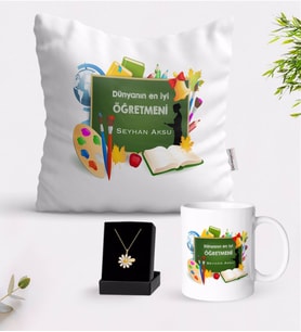 BK Gift Kişiye Özel Dünyanın En İyi Öğretmeni Beyaz Kupa Yastık ve İsimli Papatya Kolye Hediye Seti-26 (Model 1)