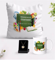 BK Gift Kişiye Özel Dünyanın En İyi Öğretmeni Beyaz Kupa Yastık ve İsimli Papatya Kolye Hediye Seti-26 (Model 1)
