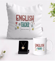 BK Gift Kişiye Özel İngilizce Öğretmeni Beyaz Kupa Yastık ve İsimli Papatya Kolye Hediye Seti-5 (Model 1)