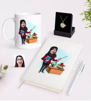 BK Gift Kişiye Özel Bayan Öğretmen Karikatürlü Beyaz Kupa Defter Kalem ve İsimli Papatya Kolye Hediye Seti-7 (Model 1)