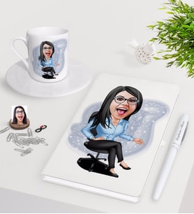 BK Gift Kişiye Özel Bayan Patron Karikatürlü Beyaz Defter Kalem Türk Kahvesi Fincanı Seti-5 (Model 1)