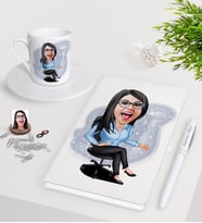 BK Gift Kişiye Özel Bayan Patron Karikatürlü Beyaz Defter Kalem Türk Kahvesi Fincanı Seti-5 (Model 1)