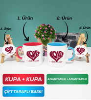 İkili Kırmızı Mavi Love Tasarımlı Sevgililer Günü Hediyesi Kupa Bardak Anahtarlık