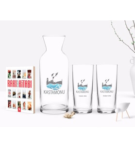 BK Gift Kişiye Özel Renkli Baskılı Kastamonu Tasarımlı Turistik İkili Rakı Bardağı Karaf ve Cep Kitabı Hediye Seti-1 (Model 1)