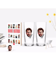 BK Gift Kişiye Özel Renkli Baskılı Erkek Yüz Karikatürlü İkili Rakı Bardağı ve Rakı Cep Kitabı Hediye Seti-1 (Model 1)