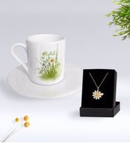 BK Gift Kişiye Özel Papatya Temalı Türk Kahvesi Fincanı Ve Papatya Kolye Hediye Seti-13 (Model 1)