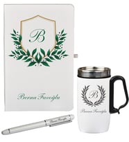 Şık Tasarım Yaprak Desenli Hediye Defter Kalem Ve Termos - Mug Seti
