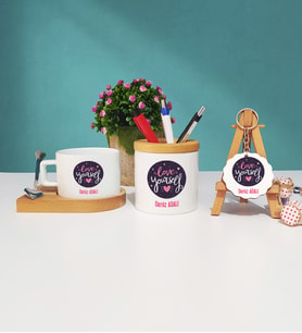 Love Yourself Tasarımlı Kişiye Özel Hediye Ahşap Altlıklı Fincan Kalemlik ve Ahşap Anahtarlık Seti