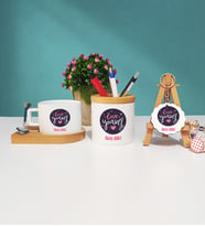 Love Yourself Tasarımlı Kişiye Özel Hediye Ahşap Altlıklı Fincan Kalemlik ve Ahşap Anahtarlık Seti