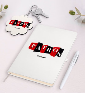 BK Gift Kişiye Özel Patron Tasarımlı Beyaz Defter Kalem ve Anahtarlık Hediye Seti-11 (Model 1)