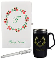 Yaz Çiçeği Desenli Kişiye Özel Hediye Defter Kalem Siyah Termos  Mug Seti