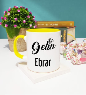 Gelin Tasarımlı Kişiye Özel Gelin Kupa Bardak Sarı