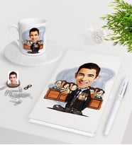 BK Gift Kişiye Özel Erkek Avukat Karikatürlü Beyaz Defter Kalem Türk Kahvesi Fincanı Seti-2 (Model 1)