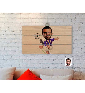 BK Gift Kişiye Özel Sarı Lacivert Futbolcu Karikatürlü Otantik Ahşap Palet Tablo-1