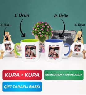 İkili Yeşil Lacivert Sevgiliye Sevgililer Günü Hediyesi 9 Kupa Bardak Anahtarlık