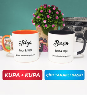 İkili Sevgiliye Hediye İsme Özel Sevgililer Günü Hediyesi Kupa Bardak Turuncu Siyah