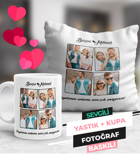 4 Fotoğraflı İsme Özel Kupa ve Yastık Seti