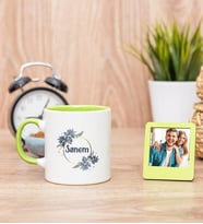 İsme Özel Çiçek Desenli Yeşil Kupa Bardak ve Yeşil Mini Fotoğraf Çerçevesi