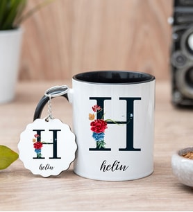 Baş Harf Ve İsimli Siyah Kupa Bardak Ve Anahtarlık Set