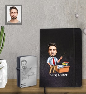 Kişiye Özel Öğretmen Karikatürlü Siyah Defter Çakmak Hediye Seti Bay-4 (Model 1)