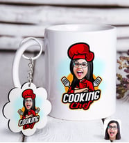 BK Gift Kişiye Özel Bayan Chef Karikatürlü Beyaz Kupa ve Anahtarlık Hediye Seti-11 (Model 1)