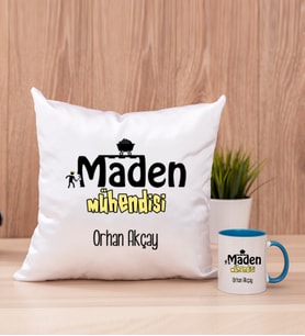 Maden Mühendisi Kare Yastık ve Mavi Kupa Bardak