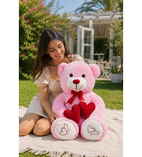 90 cm Çift Kalpli Pelüş Ayıcık Bobo (Pembe)