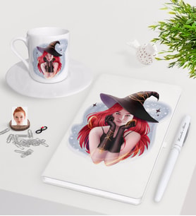 BK Gift Kişiye Özel Bayan Cadı Karikatürlü Beyaz Defter Kalem Türk Kahvesi Fincanı Seti-2 (Model 1)