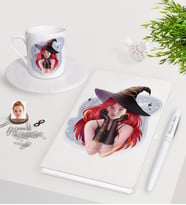 BK Gift Kişiye Özel Bayan Cadı Karikatürlü Beyaz Defter Kalem Türk Kahvesi Fincanı Seti-2 (Model 1)