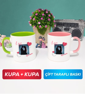 İkili Sevgiliye Sevgililer Günü Hediyesi 7 Kupa Bardak Yeşil Pembe