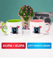 İkili Sevgiliye Sevgililer Günü Hediyesi 7 Kupa Bardak Yeşil Pembe