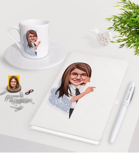 BK Gift Kişiye Özel Kız Çocuk Karikatürlü Beyaz Defter Kalem Türk Kahvesi Fincanı Seti-1 (Model 1)