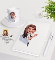 BK Gift Kişiye Özel Kız Çocuk Karikatürlü Beyaz Defter Kalem Türk Kahvesi Fincanı Seti-1 (Model 1)