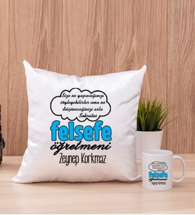 Felsefe Öğretmeni Kare Yastık ve Beyaz Kupa Bardak