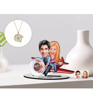 BK Gift Kişiye Özel Sevgililer Karikatürlü 3D Ahşap Biblo ve Çift İsimli Papatya Kolye Seti-11 (Model 1)