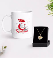 BK Gift Kişiye Özel Bugün Günlerden Öğretmen Beyaz Kupa ve Papatya Kolye Hediye Seti-2 (Model 1)