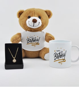 İyiki Doğdun Baskılı Peluş Ayıcık Kupa Ve Mavi Taşlı  Kolye