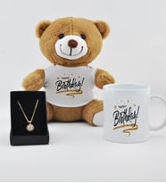 İyiki Doğdun Baskılı Peluş Ayıcık Kupa Ve Mavi Taşlı  Kolye