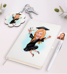 BK Gift Kişiye Özel Kadın Mezun Karikatürlü Beyaz Defter Kalem ve Anahtarlık Hediye Seti (Model 1)