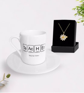 BK Gift Kişiye Özel Öğretmen Türk Kahvesi Fincanı ve İsimli Papatya Kolye Hediye Seti-3 (Model 1)