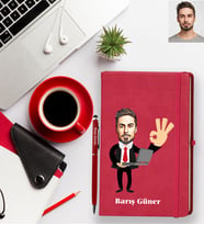 Kişiye Özel İş Adamı Karikatürlü Kırmızı Defter Kalem Hediye Seti Bay-4