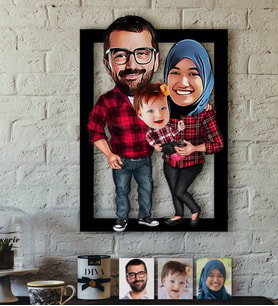 BK Gift Kişiye Özel Tesettürlü Aile Karikatürlü 3D Ahşap Tablo-2