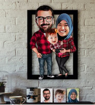 BK Gift Kişiye Özel Tesettürlü Aile Karikatürlü 3D Ahşap Tablo-2